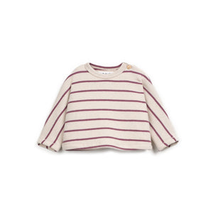 Gestreifter Pullover aus regenerativer und recycelter Baumwolle mit Rundhalsausschnitt, gebürstetem Innenstoff und Kokosknopf-Schulteröffnung.