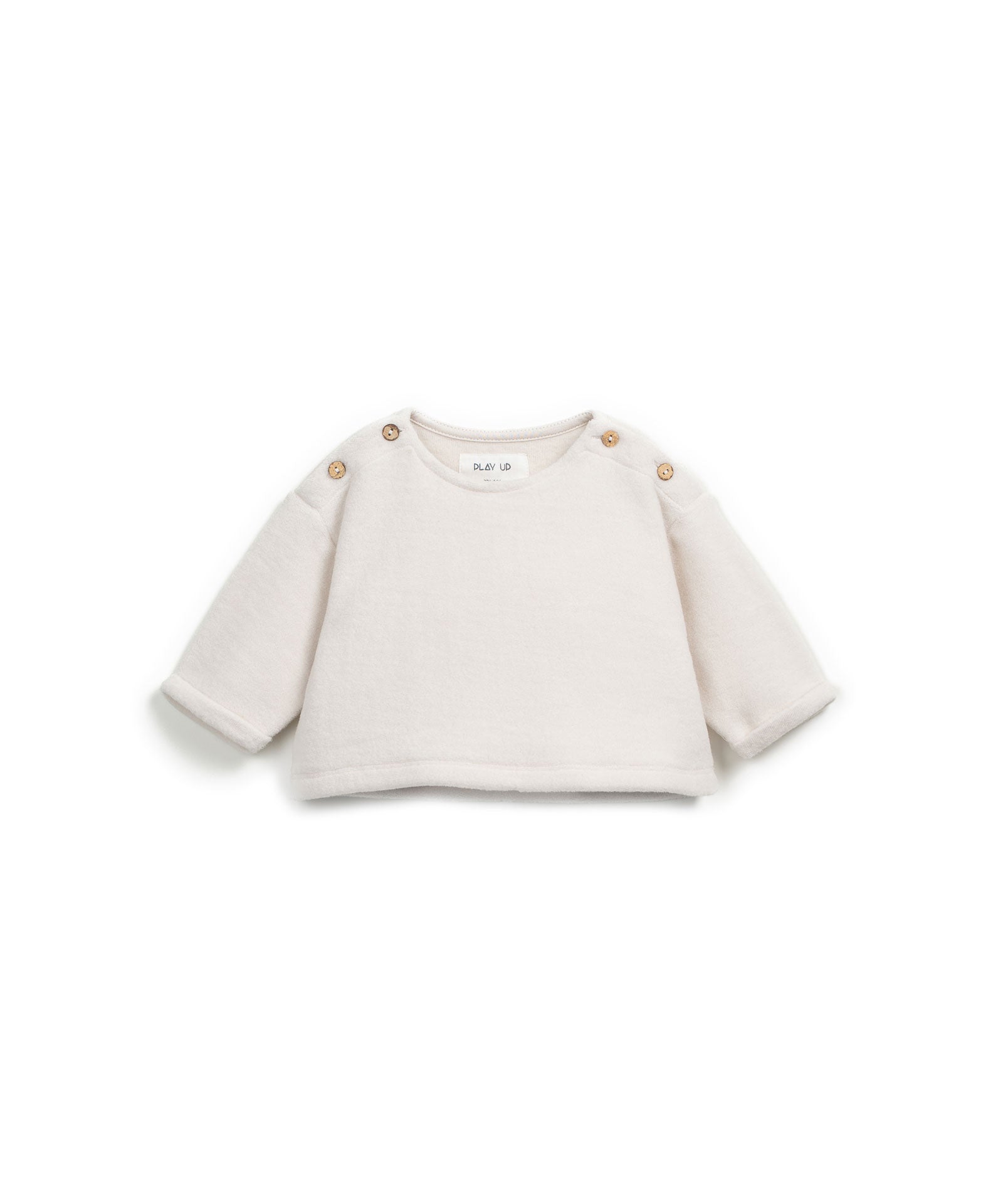 Fleece-Strickpullover aus 100 % Bio-Baumwolle mit Rundhalsausschnitt, gebürstetem Innenstoff und Kokosknopf-Schulteröffnung