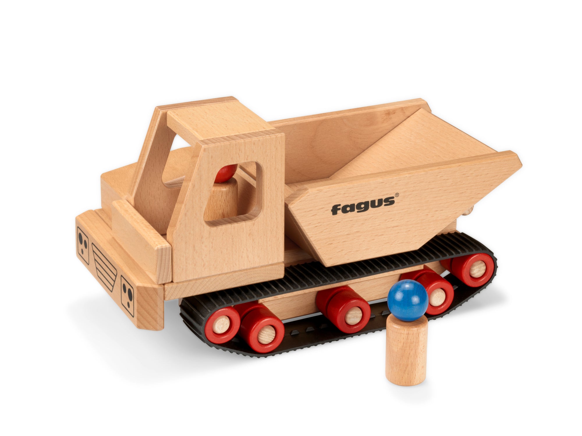 Fagus Raupen-Dumper – Holzfahrzeug mit Raupenketten, kippbarer Ladefläche und zwei Püppchen, handgefertigt in Deutschland.