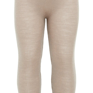 „minimalisma Leggings ‚Active‘ in Beige – Kinder-Leggings aus 100 % Merinowolle, nahtlos gestrickt, flach liegend auf hellem Hintergrund“