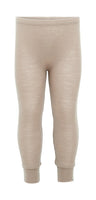 „minimalisma Leggings ‚Active‘ in Beige – Kinder-Leggings aus 100 % Merinowolle, nahtlos gestrickt, flach liegend auf hellem Hintergrund“