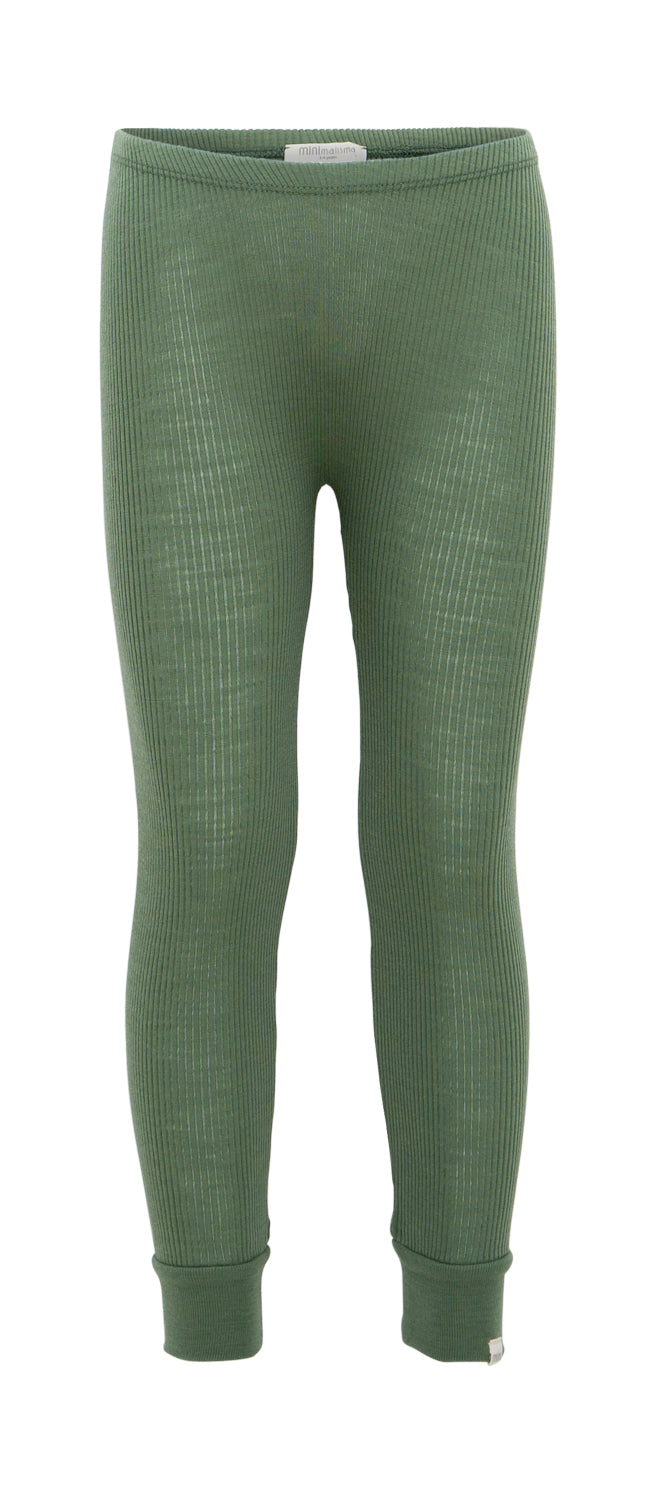 „minimalisma Leggings ‚Active‘ in Greenery– Kinder-Leggings aus 100 % Merinowolle, nahtlos gestrickt, flach liegend auf hellem Hintergrund“
