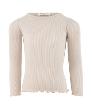 Minimalisma Kinder-Langarmshirt „Bergen“ Ecru mit Sweet Rose, aus weicher Seide-Baumwolle, nahtlos, mit Rüschen an Bündchen und Saum
