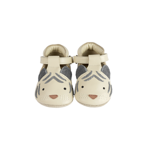 Donsje Babyschuh Spark White Tiger Cream, Leder, Handgefertigt, Tigerdesign, elastischer Einstieg, Baby Geschenk