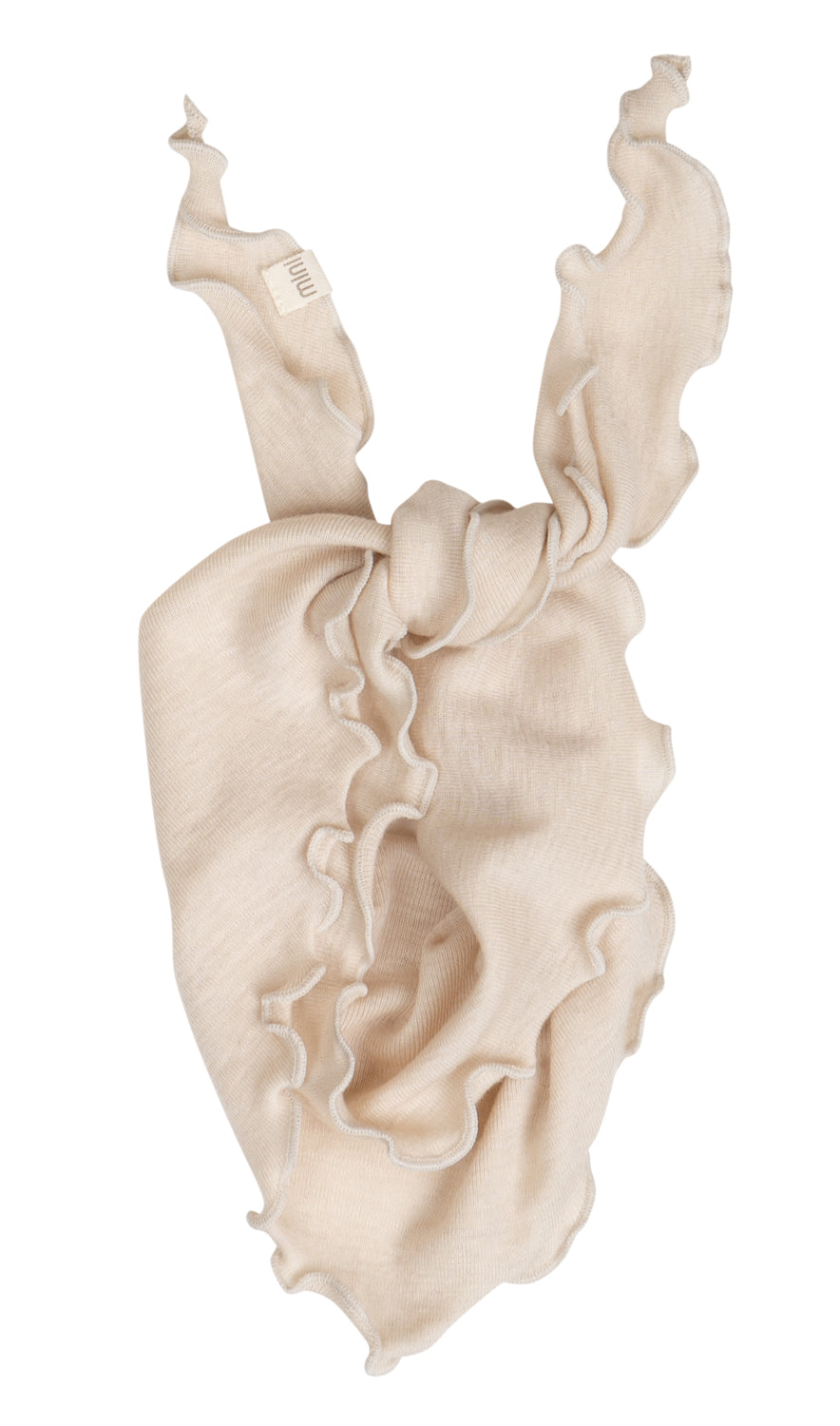 „Bandana-Lätzchen ‚Teddy‘ von minimalisma in Buttercream – Baby-Lätzchen aus Wolle-Seide mit Stickerei, auf hellem Hintergrund“