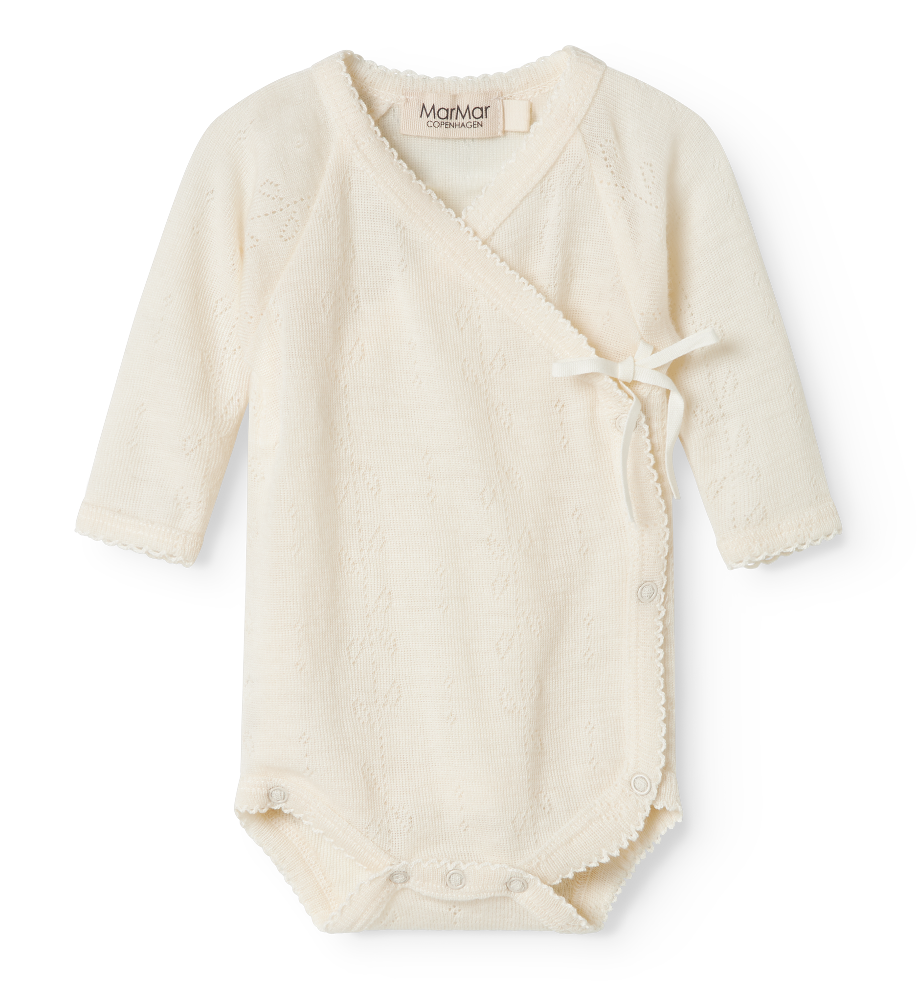 Wickelbody „Belita“ von MarMar Copenhagen in Natural mit Pointelle-Muster aus 100 % Merinowolle – weich, atmungsaktiv und perfekt für Babys.