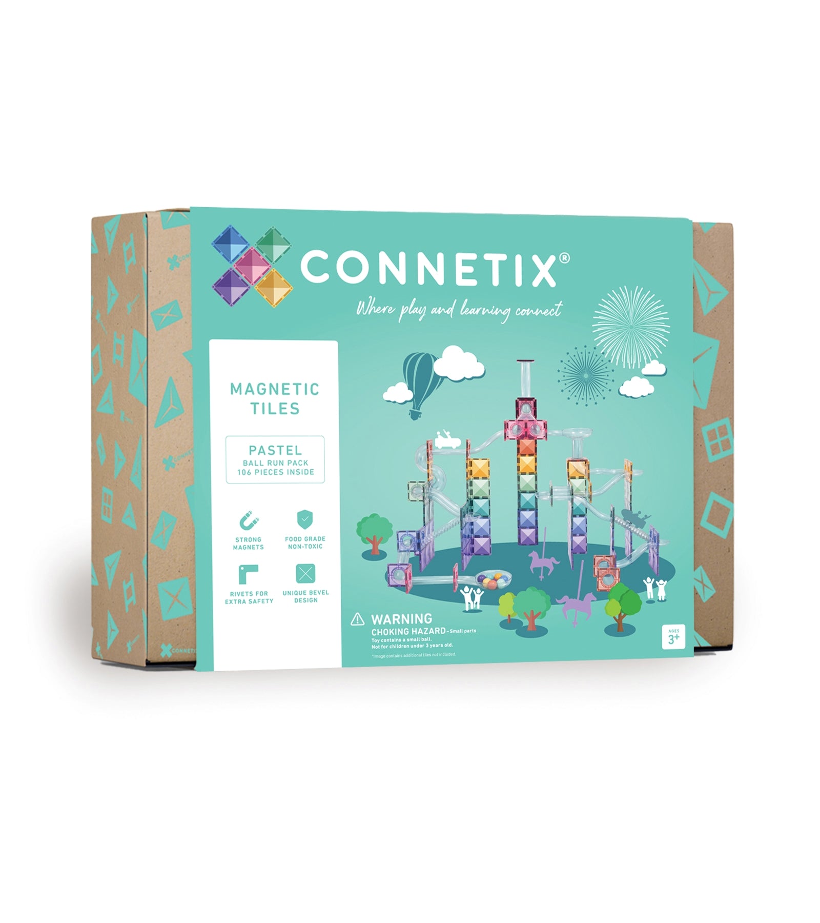 Connetix Magnetbausteine „Pastel Ball Run Pack“ – 106-teiliges Set mit transparenten Magnetelementen und Kugelbahn-Röhren in sanften Pastellfarben.