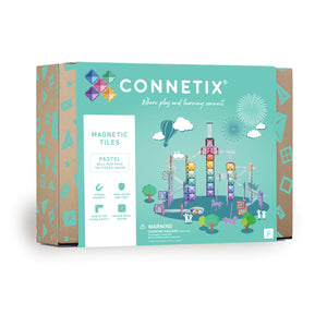 Connetix Magnetbausteine „Pastel Ball Run Pack“ – 106-teiliges Set mit transparenten Magnetelementen und Kugelbahn-Röhren in sanften Pastellfarben.