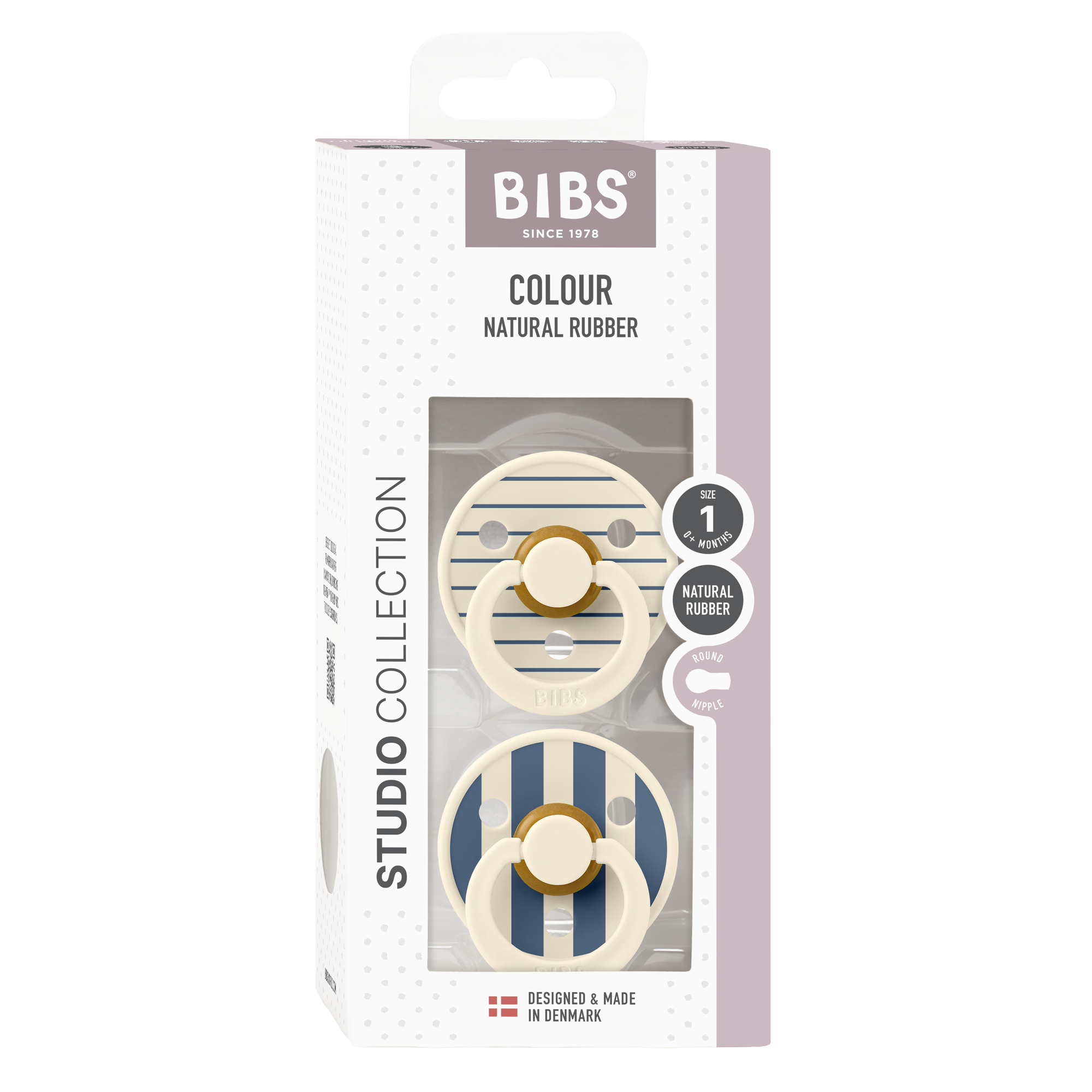 BIBS Studio Colour 2er Pack 0–6 Monate Pin Ivory / Vanilla Mix – runder Latex-Schnuller mit sanftem Schild aus der stilvollen STUDIO Collection.