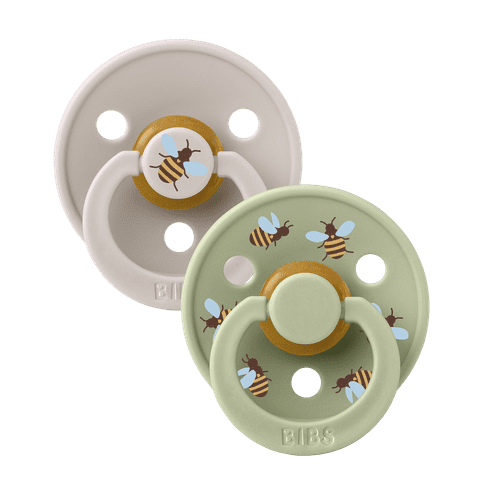 BIBS Studio Colour Bumblebee Schnuller 2-Pack im Mushroom Mix mit rundem Latex-Sauger fuer Neugeborene bis 6 Monate, BPA-frei und hergestellt in Daenemark.