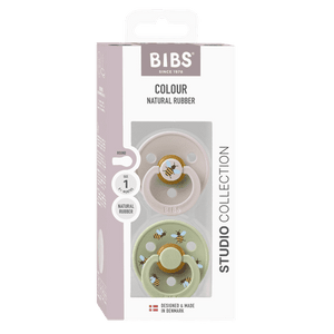BIBS Studio Colour Bumblebee Schnuller 2-Pack im Mushroom Mix mit rundem Latex-Sauger fuer Neugeborene bis 6 Monate, BPA-frei und hergestellt in Daenemark.