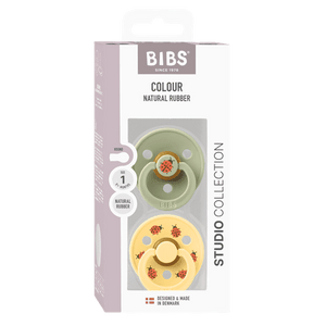 BIBS Studio Colour Ladybug Schnuller 2-Pack im Sage Mix mit rundem Latex-Sauger fuer 0–6 Monate, BPA-frei und in Daenemark hergestellt.