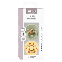 BIBS Studio Colour Ladybug Schnuller 2-Pack im Sage Mix mit rundem Latex-Sauger fuer 0–6 Monate, BPA-frei und in Daenemark hergestellt.