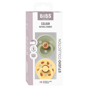 BIBS Studio Colour Ladybug Schnuller 2-Pack im Sage Mix mit rundem Latex-Sauger fuer 0–6 Monate, BPA-frei und in Daenemark hergestellt.