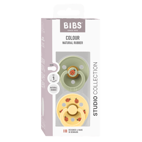 BIBS Studio Colour Ladybug Schnuller 2-Pack im Sage Mix mit rundem Latex-Sauger fuer 0–6 Monate, BPA-frei und in Daenemark hergestellt.