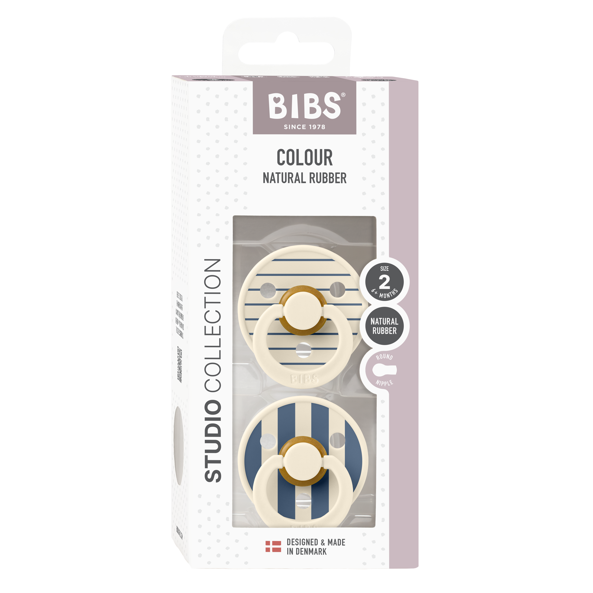 BIBS Studio Colour Schnuller 2-Pack in Pin Ivory Vanilla Mix mit rundem Latex-Sauger fuer Babys von 6–12 Monaten, BPA-frei und in Daenemark hergestellt.