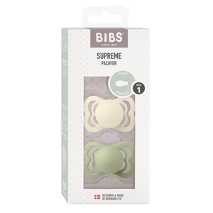 BIBS Supreme Silikon Schnuller 0–6 Monate 2er Pack Ivory/Sage – symmetrisches Saugteil mit breitem, belüftetem Schild und Glow-in-the-dark Effekt.