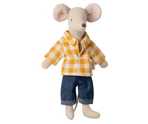 Maileg Maus Papa mit Hemd und Hose, ca. 15 cm groß, stehend, handgefertigt aus Stoff mit liebevollen Details.