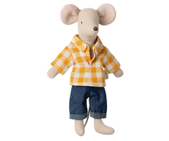 Maileg Maus Papa mit Hemd und Hose, ca. 15 cm groß, stehend, handgefertigt aus Stoff mit liebevollen Details.