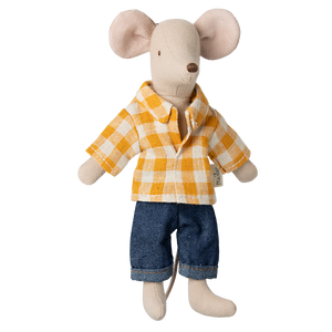 Maileg Maus Papa mit Hemd und Hose, ca. 15 cm groß, stehend, handgefertigt aus Stoff mit liebevollen Details.