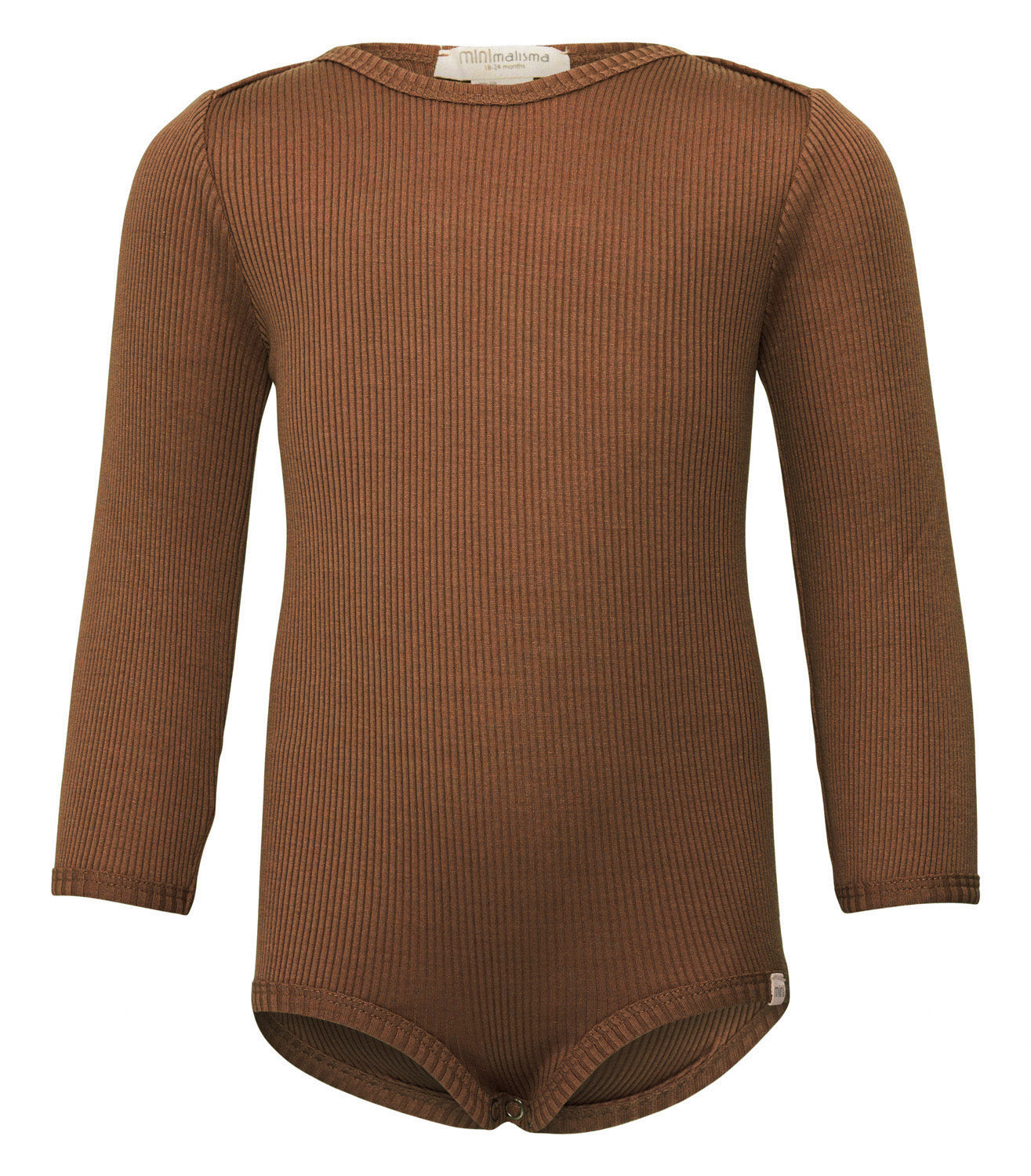 „minimalisma Body ‚Bono‘ in Chocolate– Babybody aus Seide-Baumwolle, flach liegend auf hellem Untergrund“