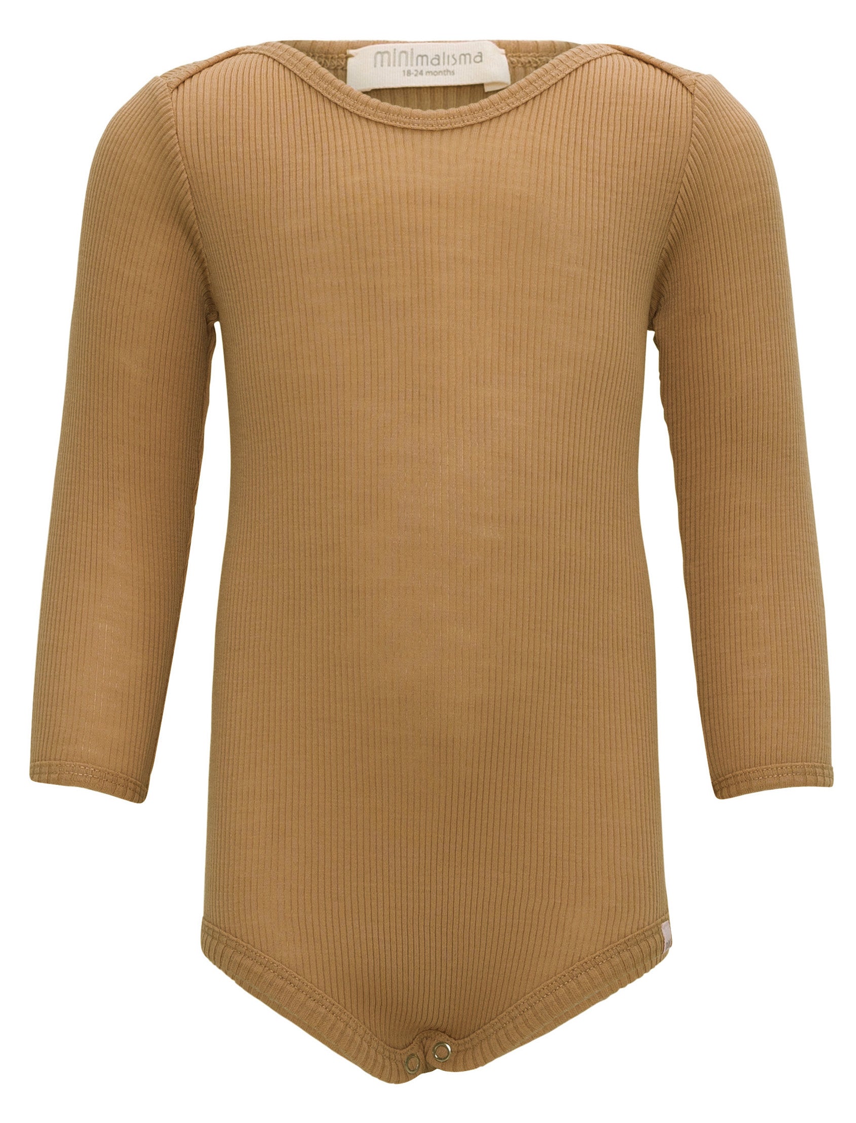 „Babybody ‚Alaska‘ aus 100 % Merinowolle in Golden Wheat von minimalisma – langärmlig, flach liegend, auf neutralem Hintergrund“