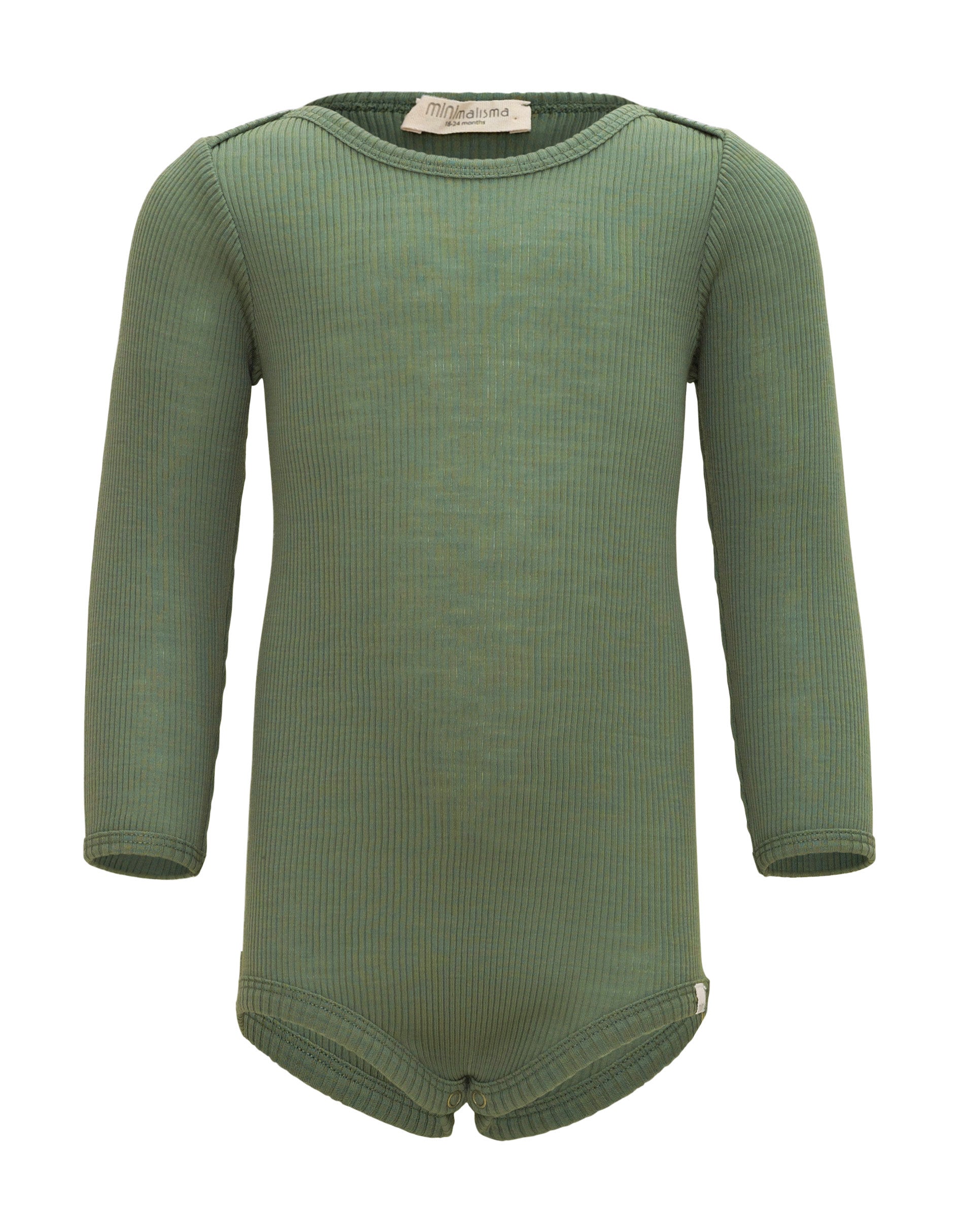 „Babybody ‚Alaska‘ aus 100 % Merinowolle in Greenery von minimalisma – langärmlig, flach liegend, auf neutralem Hintergrund“