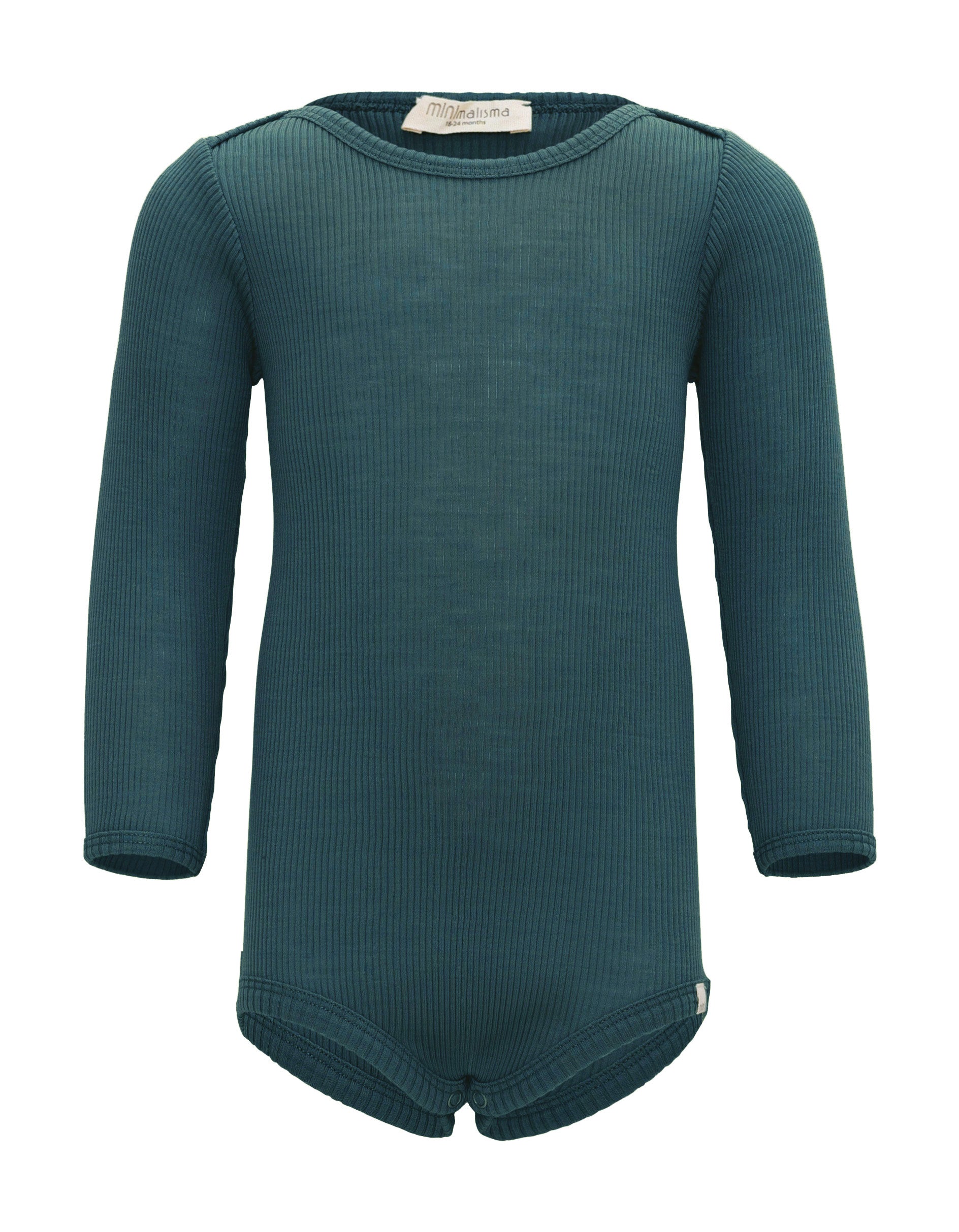 „Babybody ‚Alaska‘ aus 100 % Merinowolle in Ocean von minimalisma – langärmlig, flach liegend, auf neutralem Hintergrund“