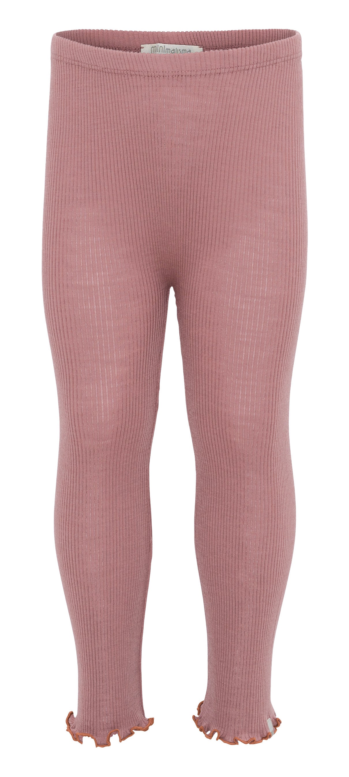 „minimalisma Leggings ‚Arona‘ in Rose – Kinderleggings aus 100 % Merinowolle, gerippt und flach liegend auf hellem Hintergrund“