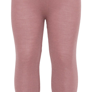 „minimalisma Leggings ‚Arona‘ in Rose – Kinderleggings aus 100 % Merinowolle, gerippt und flach liegend auf hellem Hintergrund“