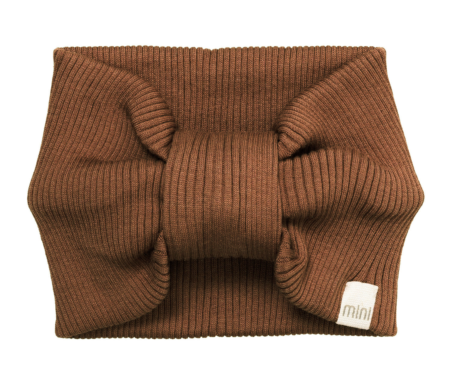 „minimalisma Stirnband ‚Bi‘ in Sailor Chocolate – elastisches Kinder-Stirnband aus Seide-Baumwolle, flach liegend auf weißem Hintergrund“