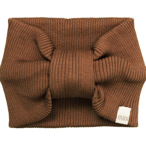 „minimalisma Stirnband ‚Bi‘ in Sailor Chocolate – elastisches Kinder-Stirnband aus Seide-Baumwolle, flach liegend auf weißem Hintergrund“