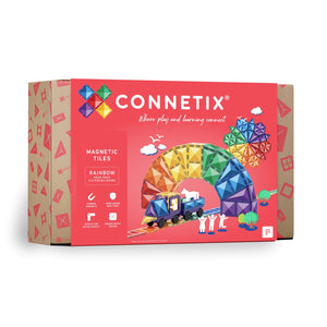 Connetix Magnetbausteine „Rainbow Mega Pack“ – 212-teiliges Set mit bunten, transparenten Magnetplatten und Formen in Regenbogenfarben für kreatives Bauen.