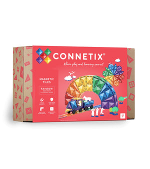 Connetix Magnetbausteine „Rainbow Mega Pack“ – 212-teiliges Set mit bunten, transparenten Magnetplatten und Formen in Regenbogenfarben für kreatives Bauen.