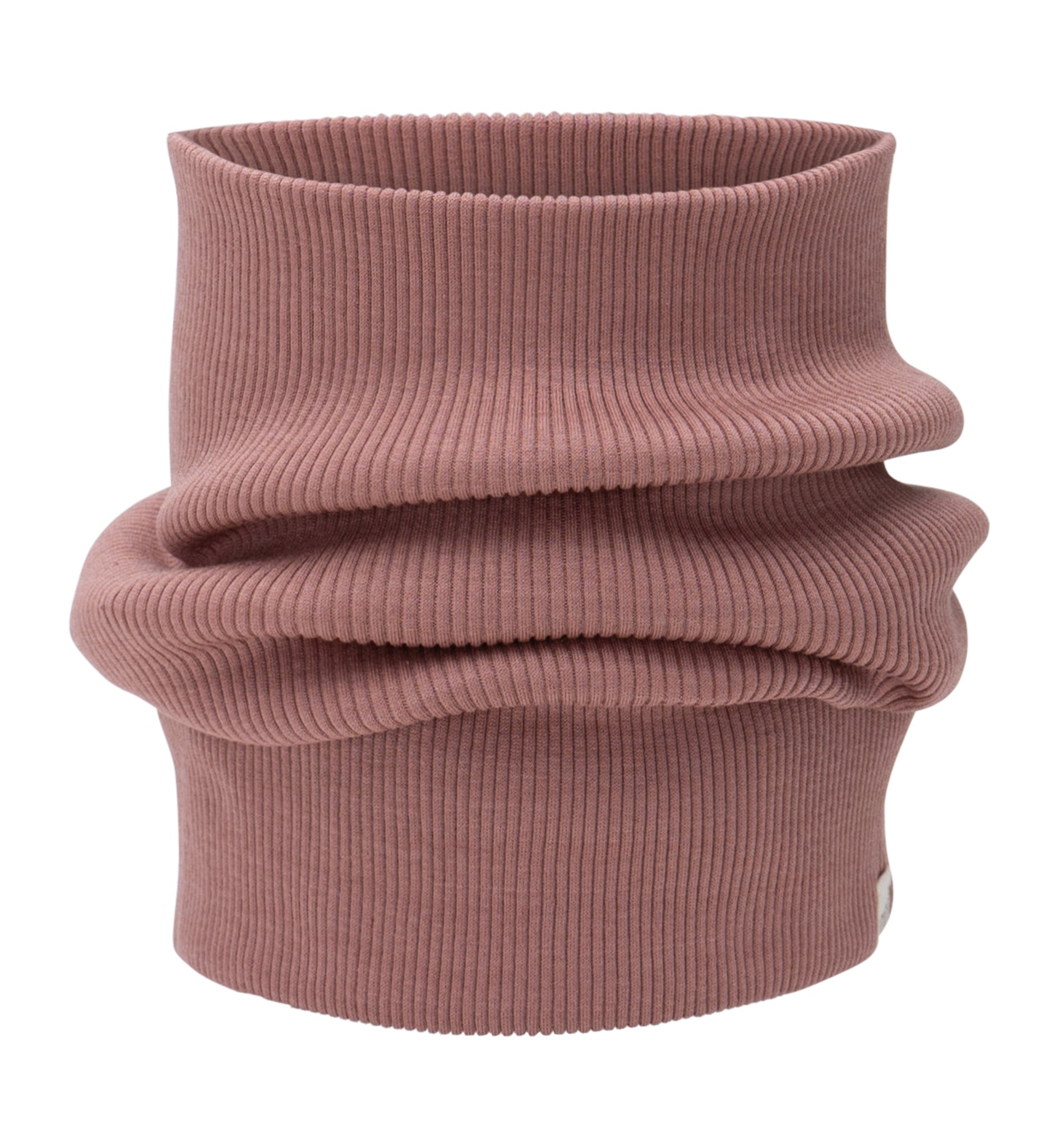 „Loop-Schal ‚Birk‘ von minimalisma in Antique Rose – weicher Schlauchschal aus Seide-Baumwolle für Kinder, flach liegend auf hellem Hintergrund“