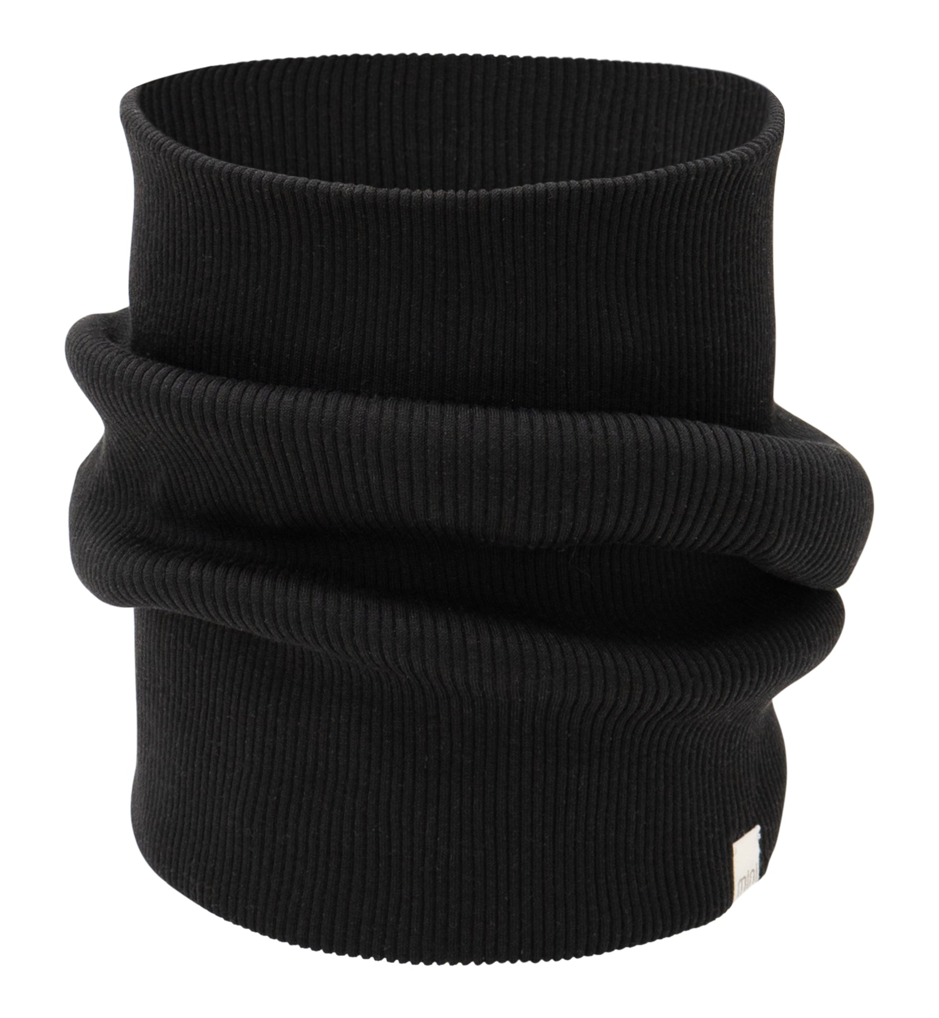 „Loop-Schal ‚Birk‘ von minimalisma in Black – weicher Schlauchschal aus Seide-Baumwolle für Kinder, flach liegend auf hellem Hintergrund“