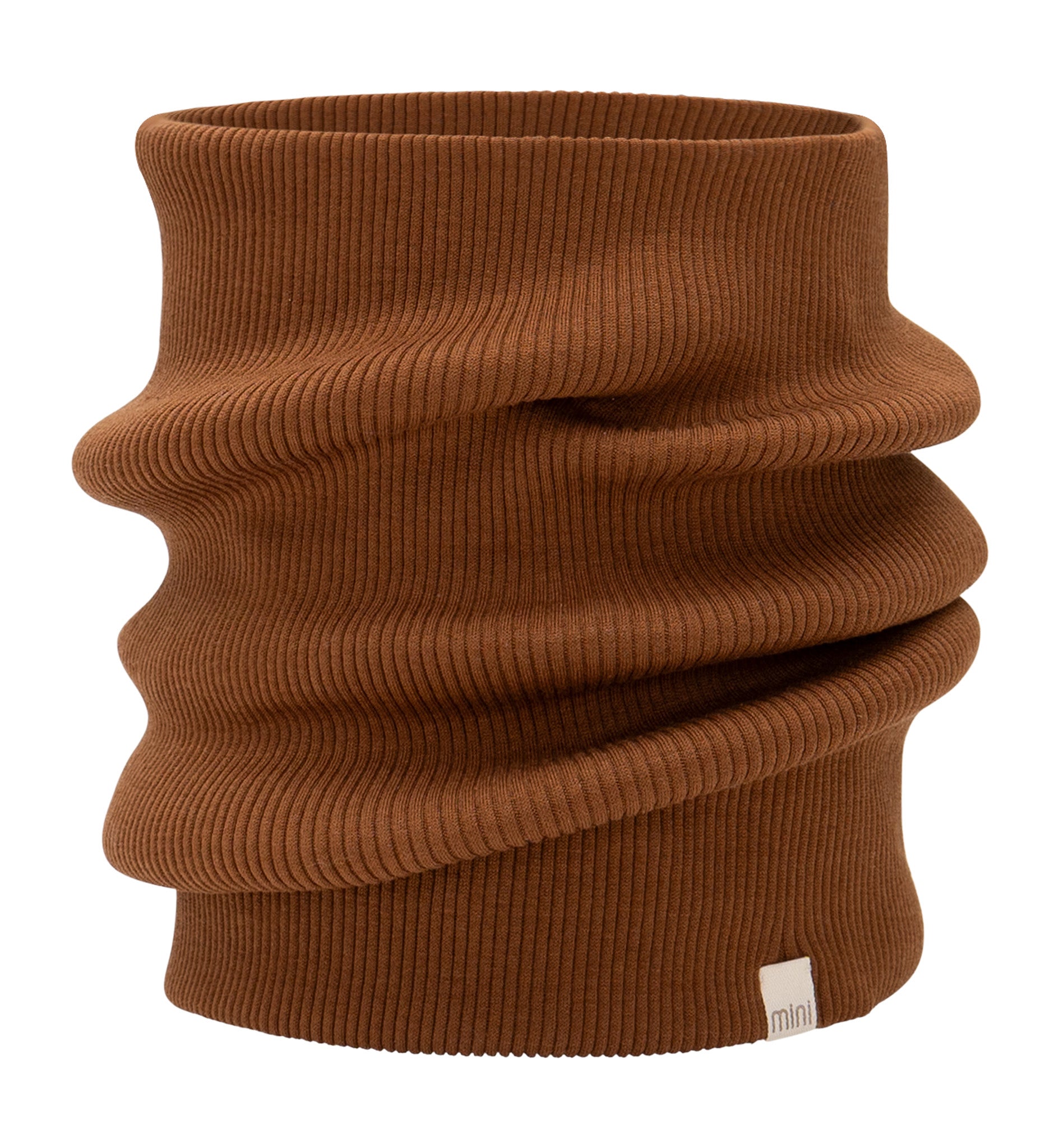 „Loop-Schal ‚Birk‘ von minimalisma in Chocolate – weicher Schlauchschal aus Seide-Baumwolle für Kinder, flach liegend auf hellem Hintergrund“