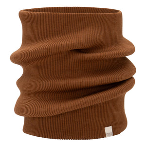 „Loop-Schal ‚Birk‘ von minimalisma in Chocolate – weicher Schlauchschal aus Seide-Baumwolle für Kinder, flach liegend auf hellem Hintergrund“