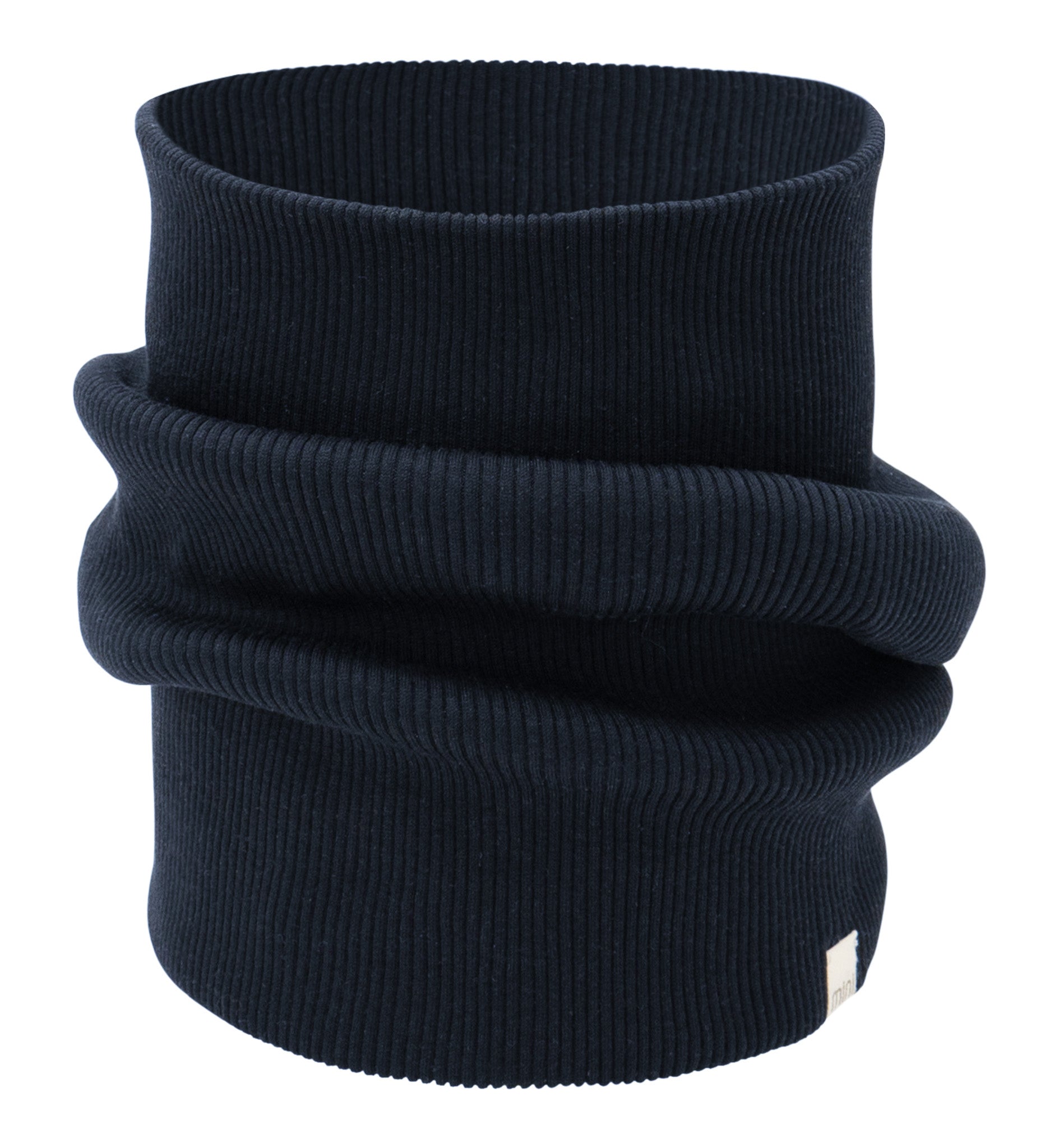 „Loop-Schal ‚Birk‘ von minimalisma in Dark Blue – weicher Schlauchschal aus Seide-Baumwolle für Kinder, flach liegend auf hellem Hintergrund“