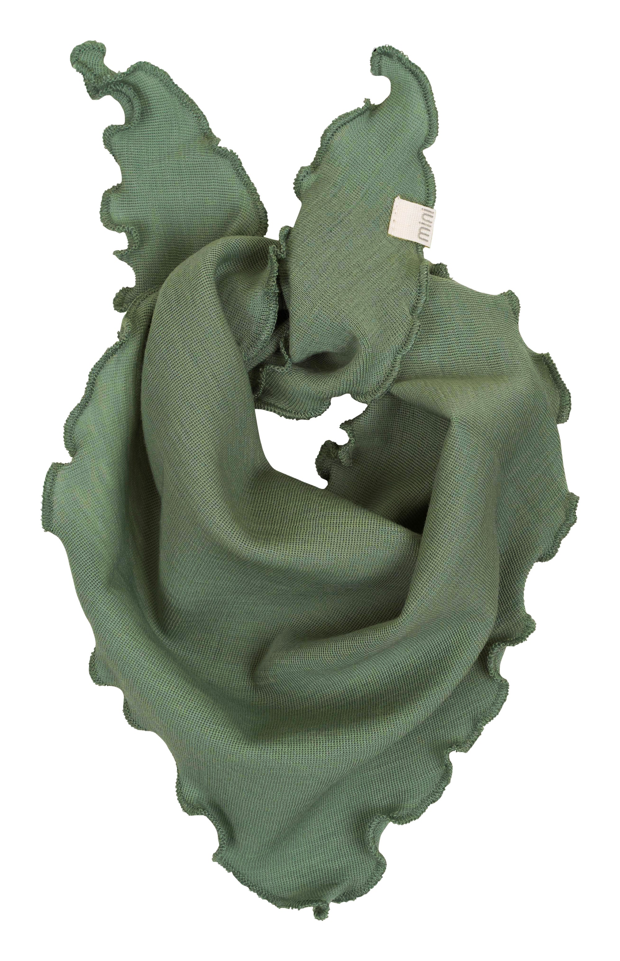 „minimalisma Bandana-Lätzchen in Greener – Baby-Halstuch aus 100 % Merinowolle, weich und temperaturausgleichend, flach liegend auf hellem Hintergrund“