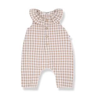1+ in the family Overall Egina Taupe mit kariertem Stoff für Babys