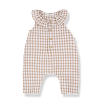 1+ in the family Overall Egina Taupe mit kariertem Stoff für Babys