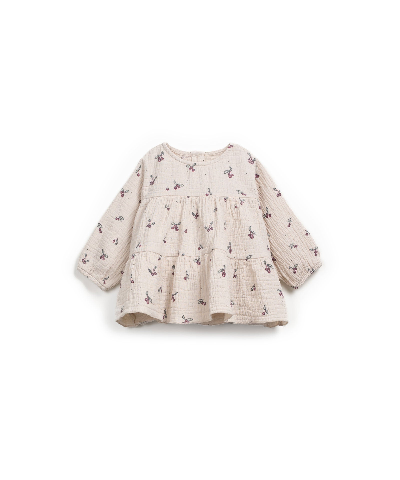 Gewebte Tunika in Naturfarbe mit Puffärmeln, Rundhalsausschnitt und Erdbeerbaum-Print, gefertigt in Portugal.