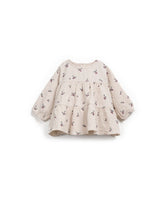 Gewebte Tunika in Naturfarbe mit Puffärmeln, Rundhalsausschnitt und Erdbeerbaum-Print, gefertigt in Portugal.