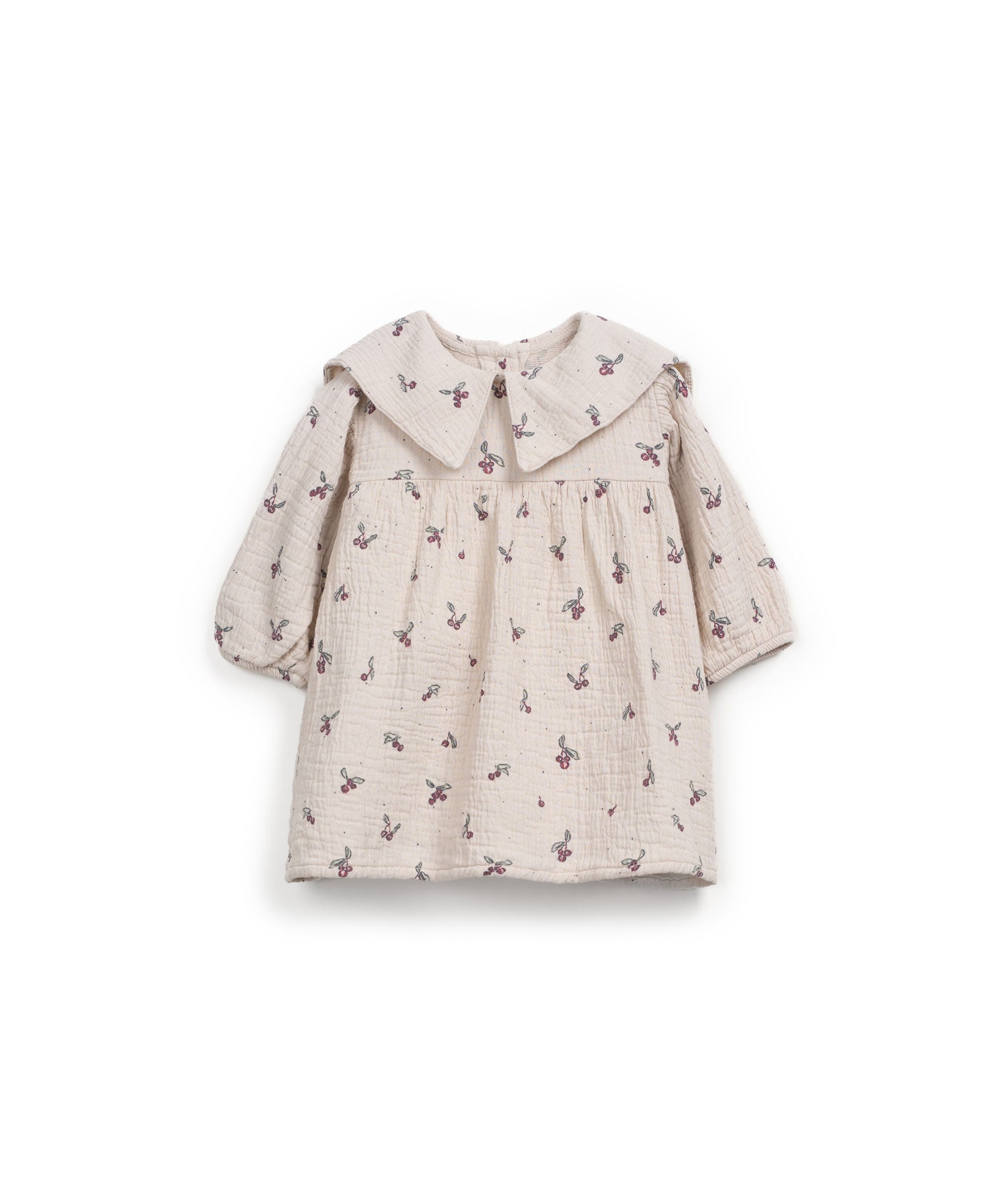 Gewebtes Kleid in Naturfarbe mit langen Ärmeln, appliziertem Kragen, Kokosknopf vorne und Erdbeerbaum-Print, gefertigt in Portugal.