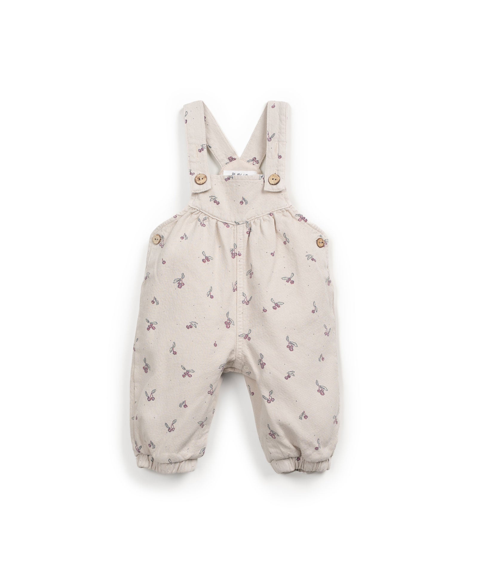 Twill-Strampler in Naturfarbe mit eckigem Ausschnitt, Trägern, Kokosknöpfen, Druckknopföffnung im Schritt und Erdbeerbaum-Print, hergestellt in Portugal.