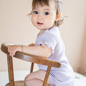 Body manches courtes en soie et coton minimalisma "Buddy" Mauve avec écru