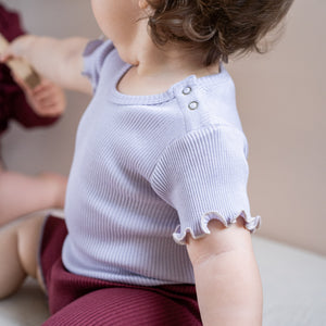 Body manches courtes en soie et coton minimalisma "Buddy" Mauve avec écru