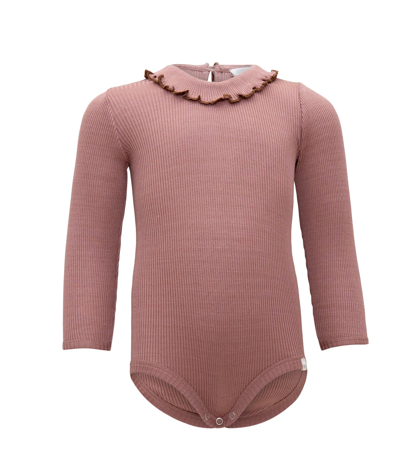 „minimalisma Babybody ‚Beauty‘ in Antique Rose – Kurzarmbody aus Seide-Baumwolle, flach liegend auf hellem Hintergrund“