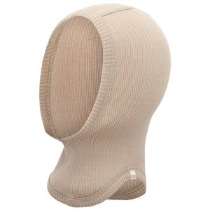 „minimalisma Sturmhaube ‚Alephant in Beige– Kinder-Balaclava aus Merinowolle, flach liegend auf hellem Hintergrund“